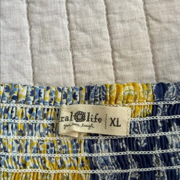 Natural life blue yellow boho floral patchwork smocked ruffle hem tops L XL - Picture 5 of 13